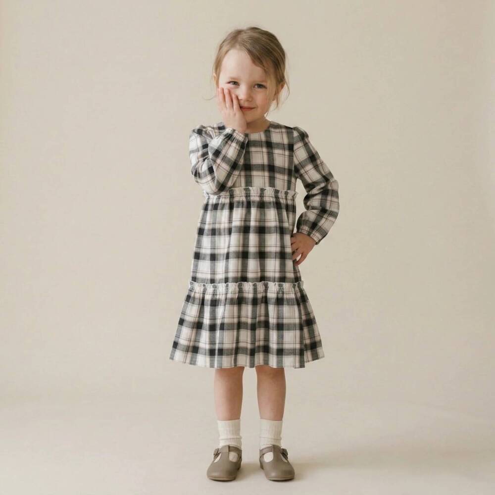 NEW MAKEMAKE ORGANICS long sleeve tiered dress in plaid checks